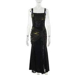 Square neck ruched lace up lace hem maxi dress