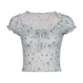 Short sleeve knotted ruffle ribbed print top