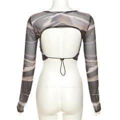 Sheer mesh contrast print long sleeve see through backless crop top