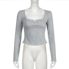 Square neck long sleeve bowknot ruffle top
