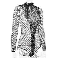 Crewneck long sleeve fishnet see through romper