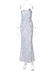 Rose applique ruched contrast mesh tube maxi dress