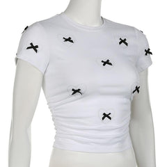 Short sleeve bowknot beaded ruched top