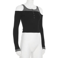 Off shoulder long sleeve contrast button top