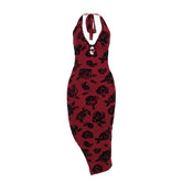 Halter v neck slit backless mesh self tie midi dress | red tango dress