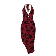 Halter v neck slit backless mesh self tie midi dress | red tango dress