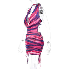 Cowl neck halter contrast drawstring self tie backless mini dress | red tango dress