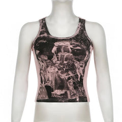Ribbed print u neck contrast tank top