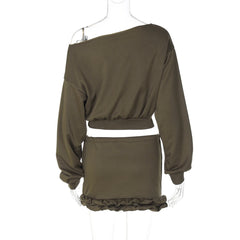 Long sleeve off shoulder self tie ruffle crop mini skirt set