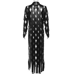 Turnover collar hollow out PU leather long sleeve coat cut out top