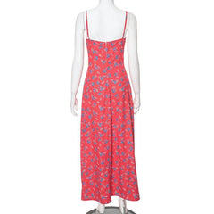 Flower print zip-up u neck cami maxi dress | red tango dress