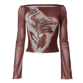 Long sleeve ruffle sheer mesh print top