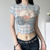 Short sleeve sheer mesh rabbit print plaid crop top