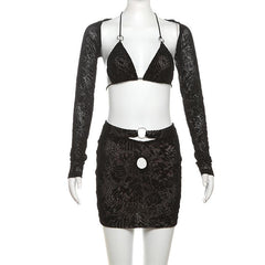 Halter o ring shrug 3 piece mini skirt set