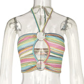 Knitted contrast striped hollow out o ring self tie backless crop cut out top