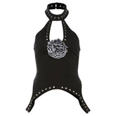 Halter flower applique solid hollow out top