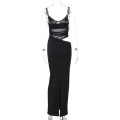 V neck mesh hollow out cami maxi dress