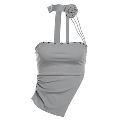 Ruched flower applique irregular self tie solid tube top