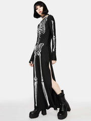 Long sleeve slit human skeleton print maxi dress