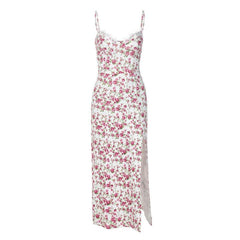 Flower pattern print lace up slit low cut cami midi dress | red tango dress