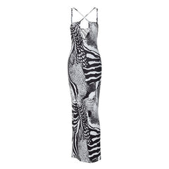 Contrast print cross front backless low cut maxi dress | black rave dress | black rave dress