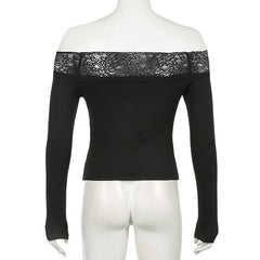 Off shoulder long sleeve lace hem abstract top