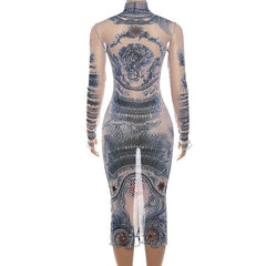 Sheer mesh see through abstract contrast print long sleeve gloves midi dress | samba dress