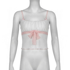 Ruched lace hem bowknot ruffle cami top