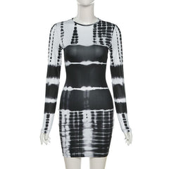 Long sleeve crewneck tie dye bodycon dress