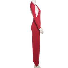 Long sleeve halter irregular one shoulder maxi dress | red tango dress