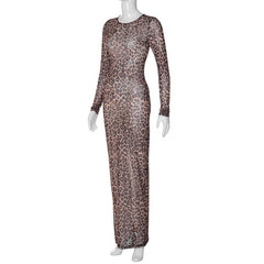 Long sleeve leopard print crewneck sheer mesh maxi dress | samba dress