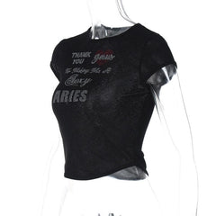 Cap sleeve crewneck letter pattern beaded crop top