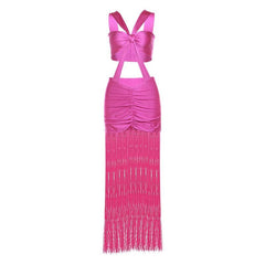 Ruched knotted tassels metallic cami mini dress | red tango dress