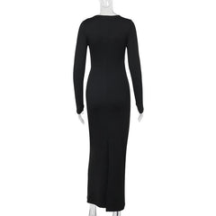Long sleeve crewneck hollow out maxi dress