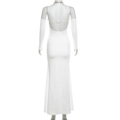 Halter o ring hollow out gloves metal chain mesh maxi dress