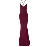 Ruched solid backless cross back v neck lace up maxi dress | red tango dress