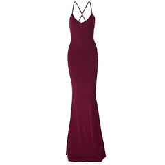 Ruched solid backless cross back v neck lace up maxi dress | red tango dress