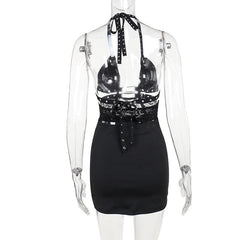 Halter buckle slit backless hollow out cut out mini dress