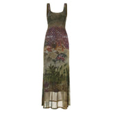 Square neck print contrast mesh midi dress