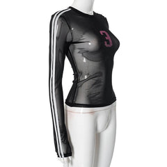 Long sleeve crewneck mesh beaded top