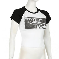 Short sleeve crewneck ribbed print top