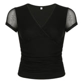 Short sleeve v neck mesh ruched solid top