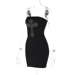 Cross pattern beaded backless tube mini dress | black rave dress