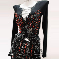 Long sleeve rivet metal chain PU leather mini skirt set