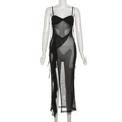 Sweetheart neck ruffle high slit sheer mesh cami midi dress | samba dress