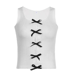 Bowknot hollow out contrast sleeveless textured cut out top
