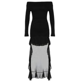 Off shoulder long sleeve ruffle ruched mesh maxi dress
