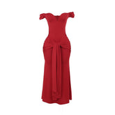 Off shoulder ruched knotted zip-up maxi dress | red tango dress
