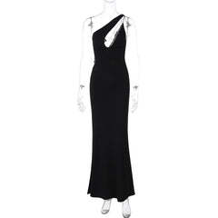 One shoulder o ring lace hem backless maxi dress