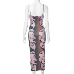 U neck abstract print contrast cami midi dress